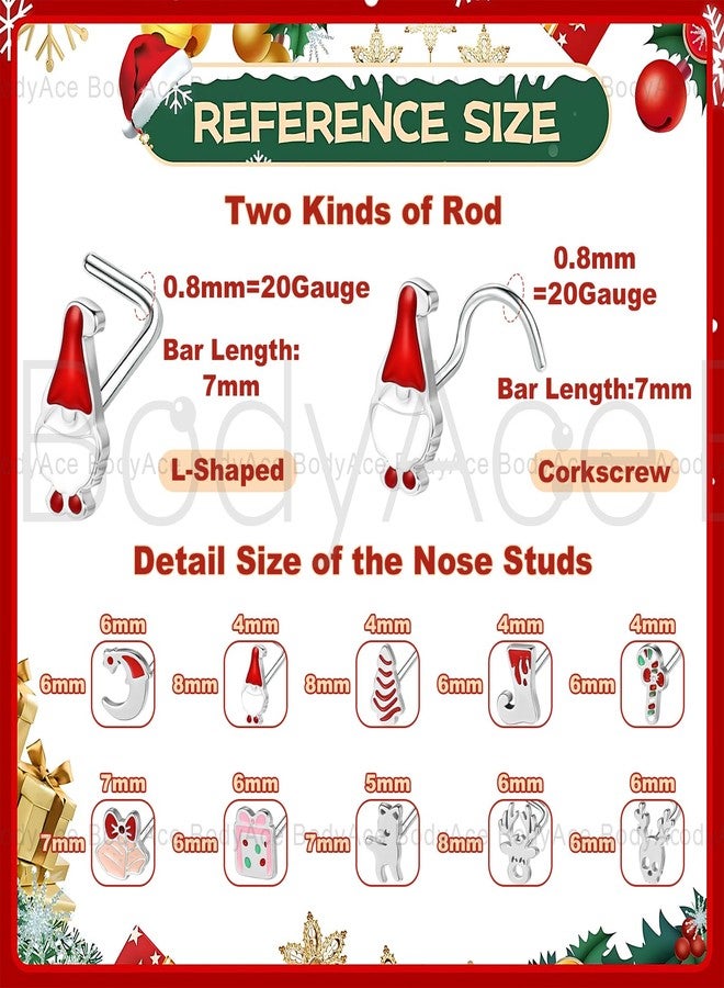 BodyAce Christmas Nose Rings Studs 20g Nostril Stud for Women Nose Piercing Kit Stainless Steel Nostril Ring l Shaped Corkscrew Christmas Jewelry [Screw] - Image 2